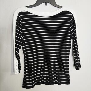 Chaps Womens' 3/4 Sleeve Black White Stripe Knit Top Laced Accent Sleeve Size M